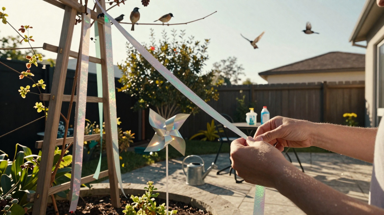 Hands tying ribbon on wooden garden trellis with birds, pinwheel, watering can, and patio in background.