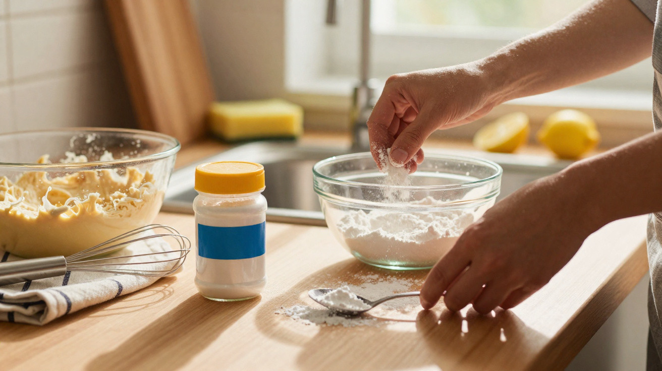 Person sprinkling flour into a glass bowl on a kitchen countertop with baking ingredients nearby