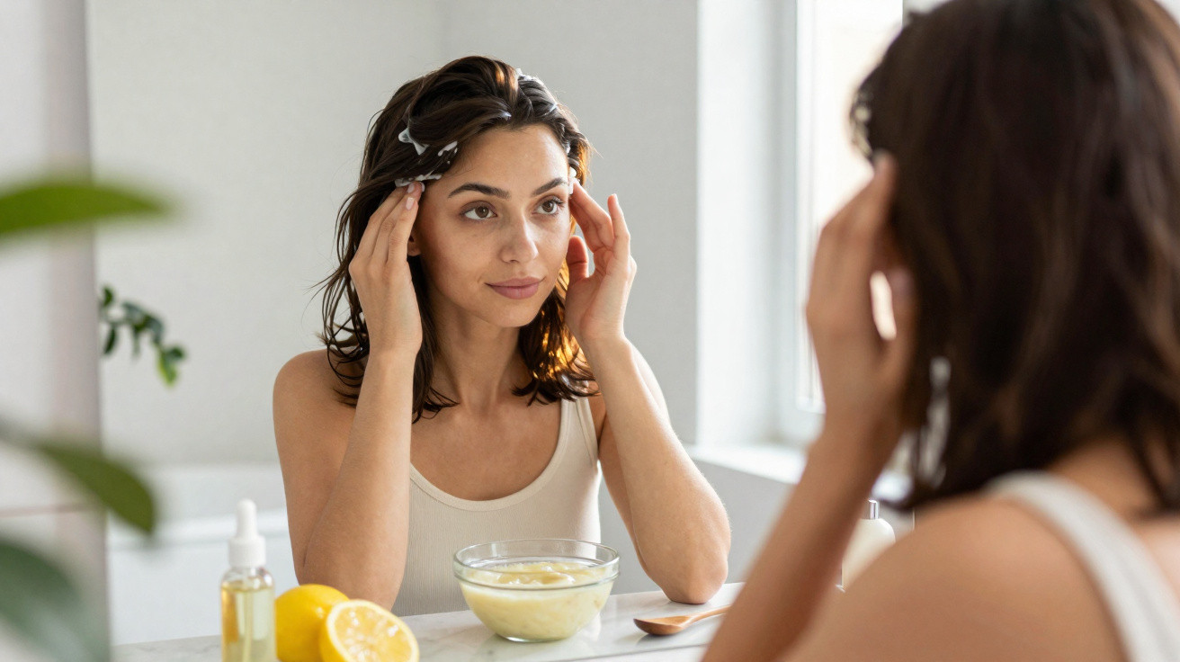 Woman with hair clips applying skincare in front of a mirror with lemons and oil on the table
