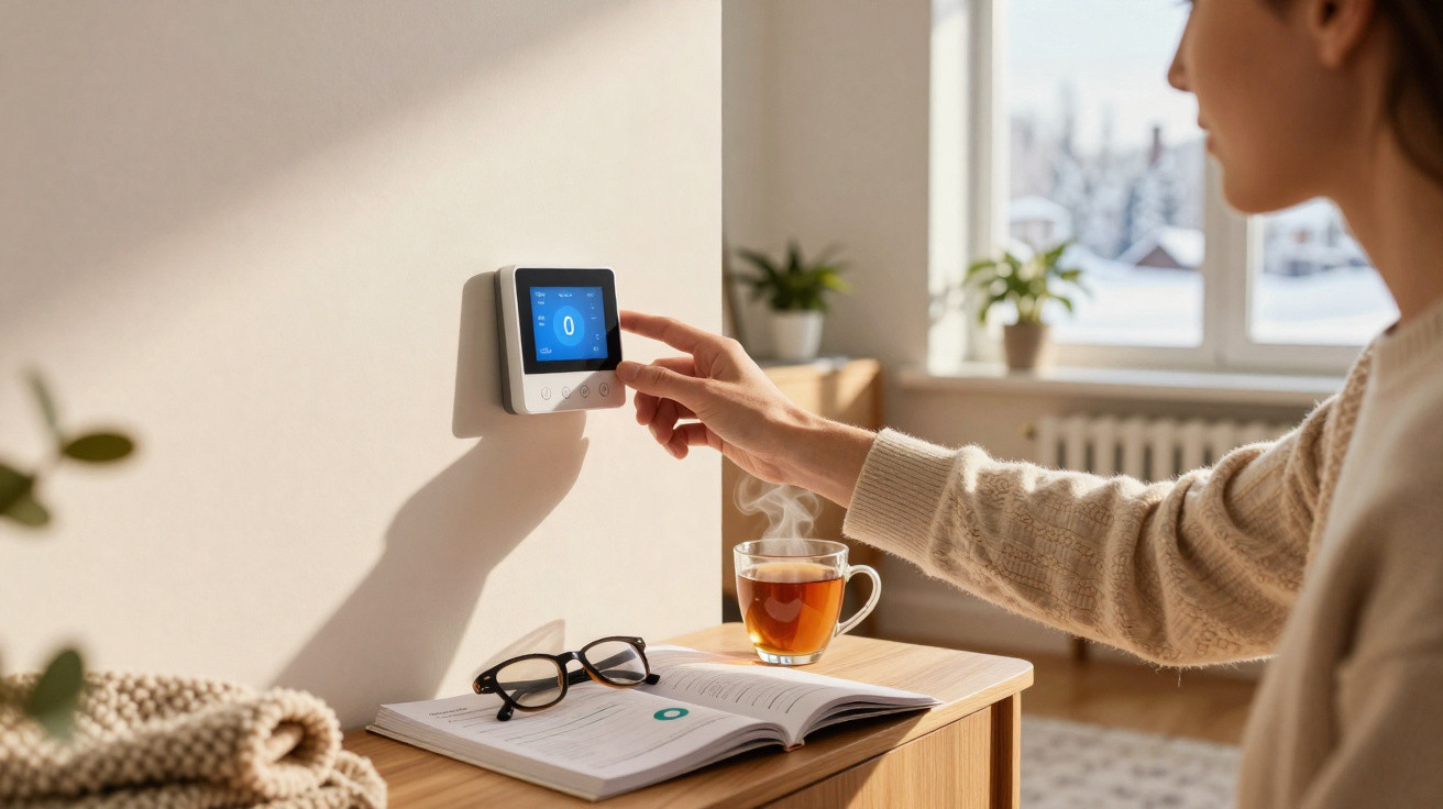 Person adjusting a wall thermostat in a cosy room with a steaming cup of tea and glasses on a wooden table.