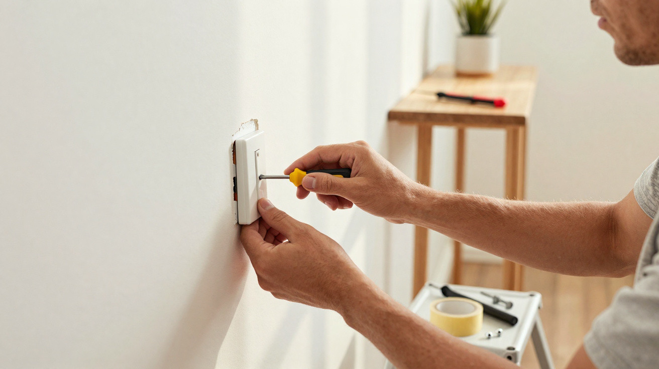 Person using a screwdriver to install or repair a wall light switch in a bright room.