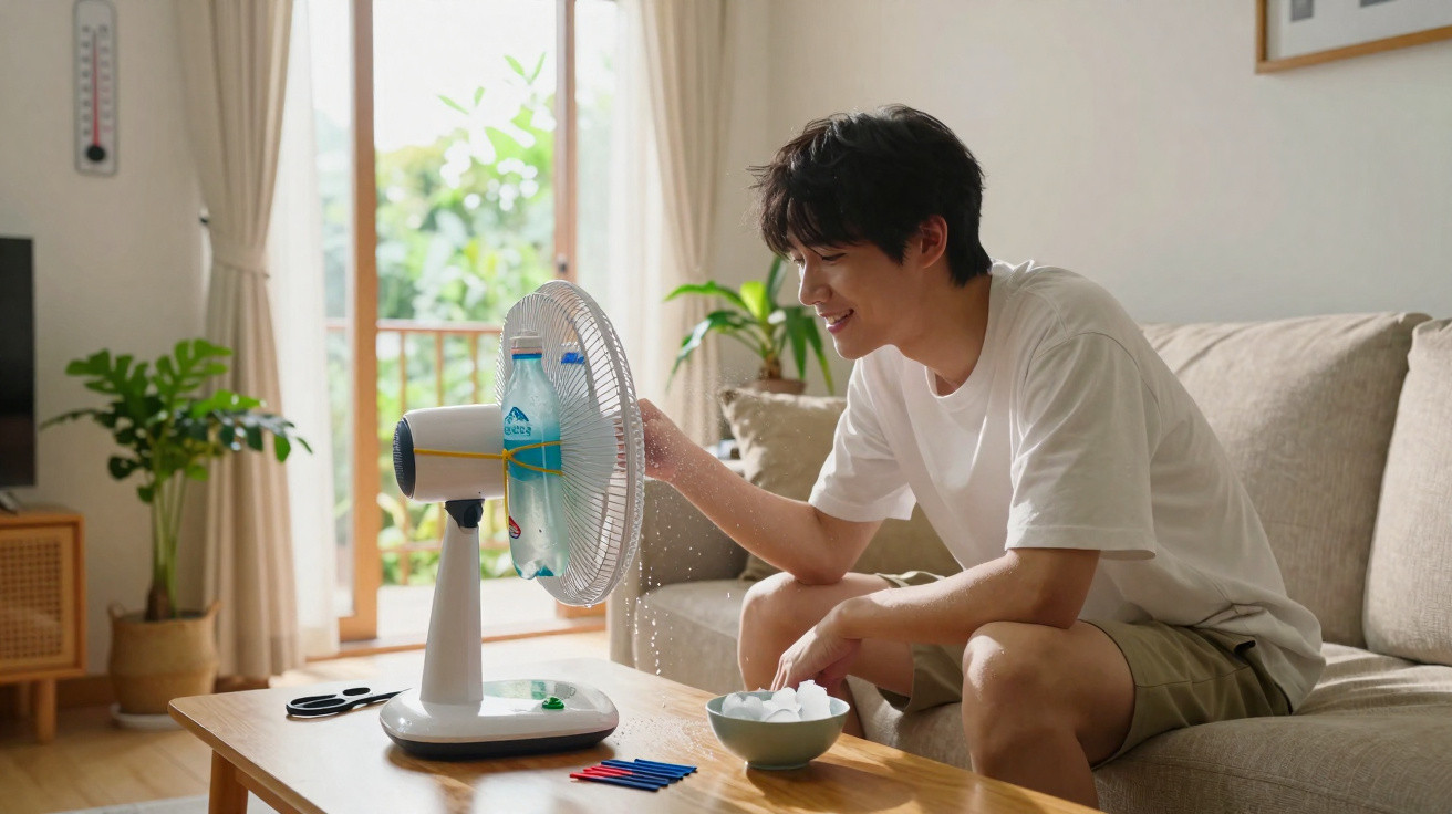 Young man smiling and spraying water on a fan in a bright living room.