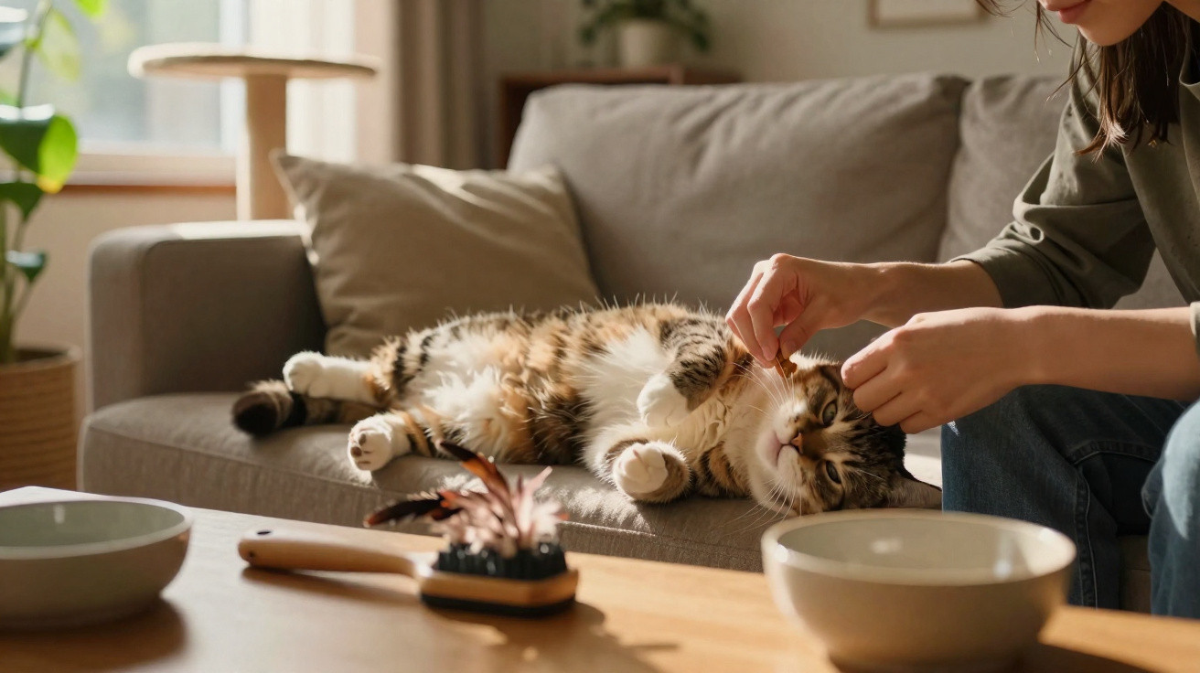 Person gently petting a relaxed tabby cat lying on a sofa in a cosy living room.