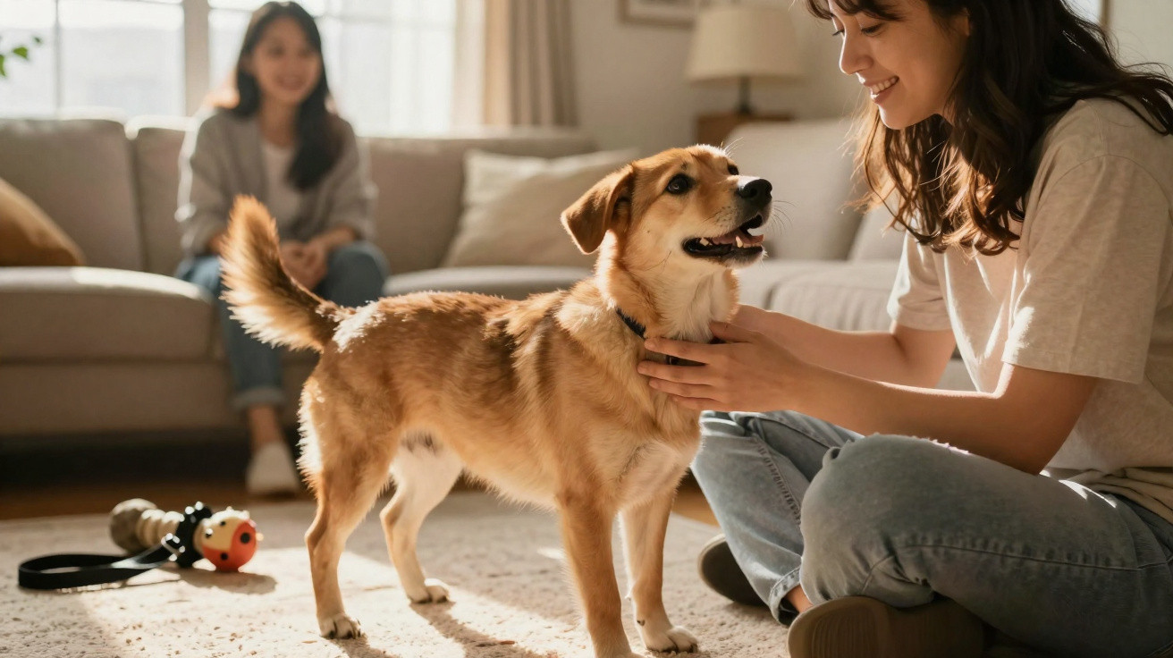 Woman sitting on the floor petting a happy medium-sized dog in a sunlit living room with a person on the sofa.
