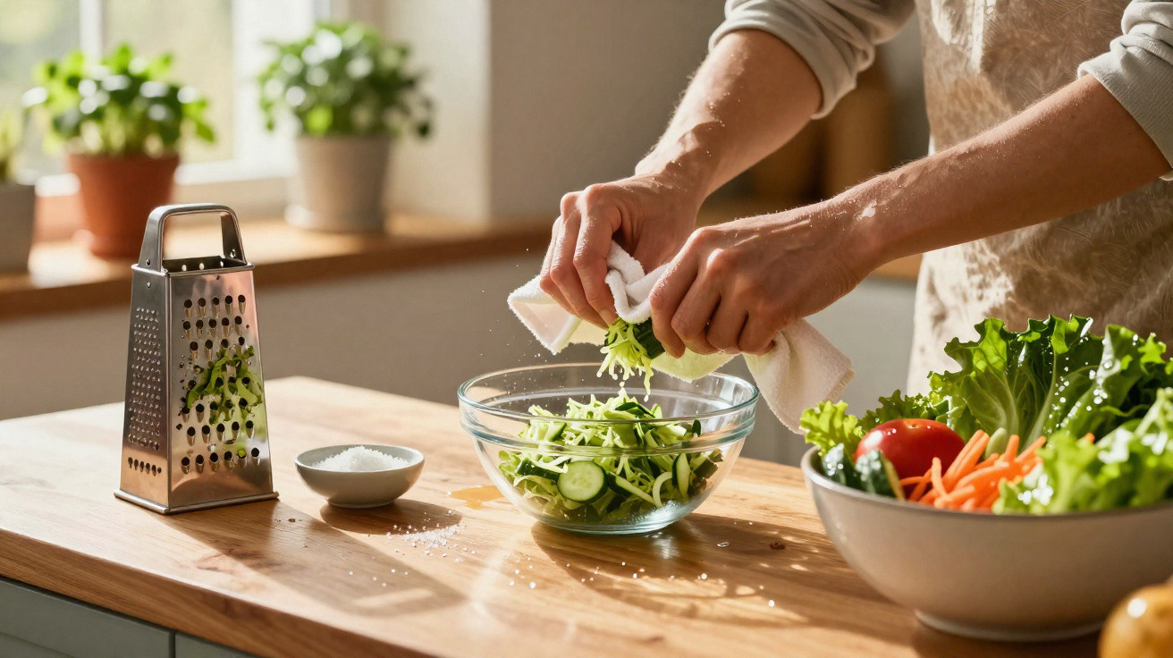Person squeezing shredded cucumber into a glass bowl on a wooden kitchen counter with fresh vegetables nearby.