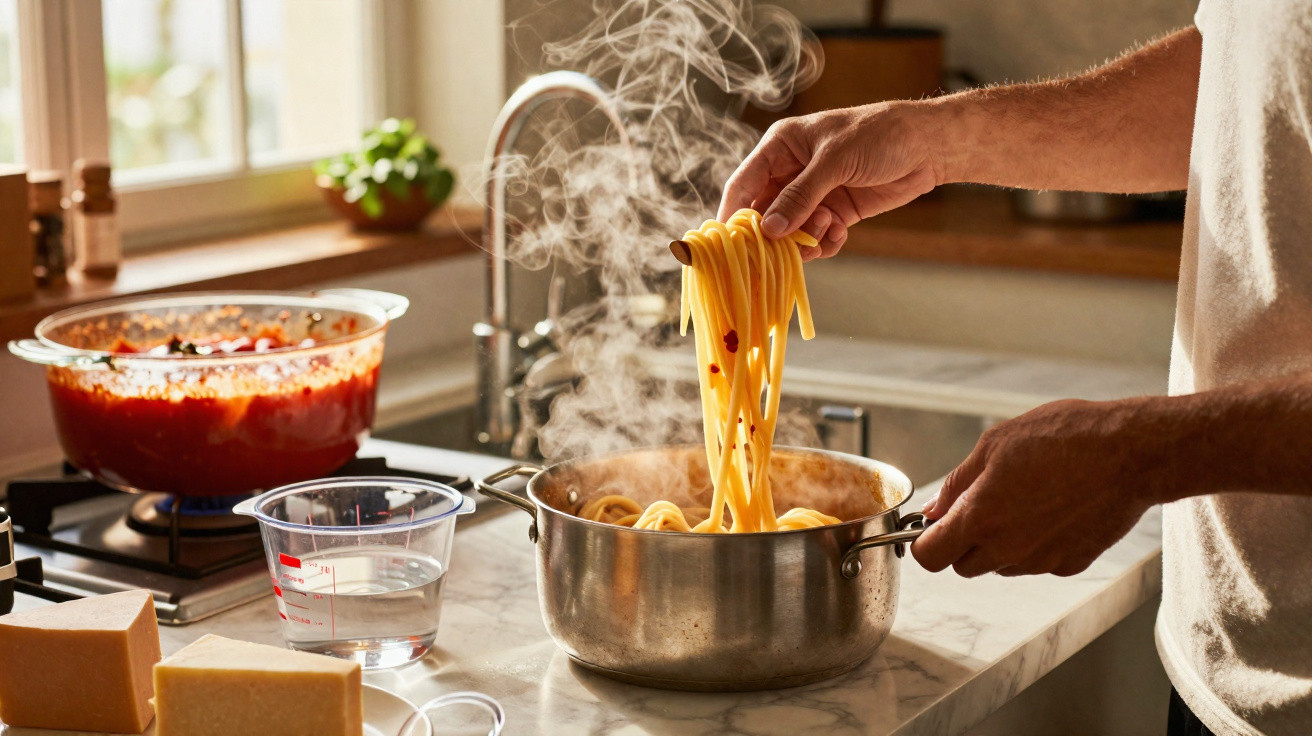 Steaming pasta being lifted from a pot with sauce and cheese on a marble kitchen countertop.