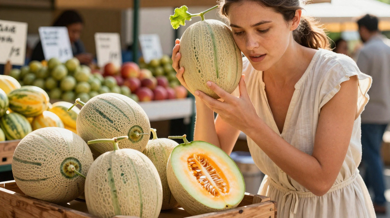 Woman inspecting a cantaloupe melon at an outdoor fruit market stall.