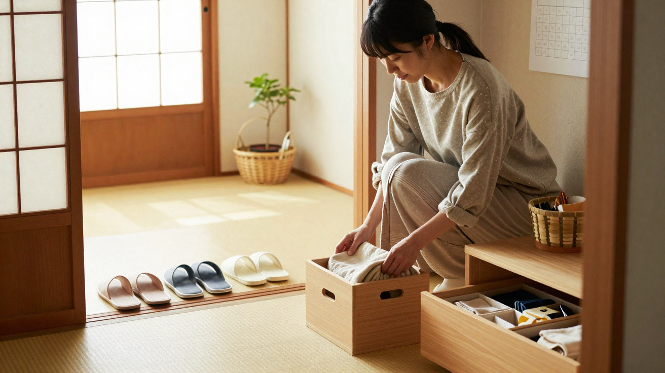 Woman organising clothes in a wooden box in a minimalist, sunlit room with slippers neatly lined up by the door.