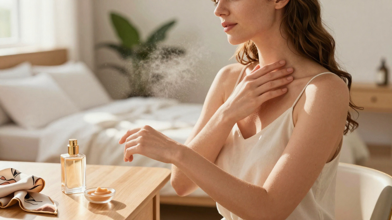Woman spraying perfume on her wrist while sitting at a wooden desk in a sunlit bedroom.