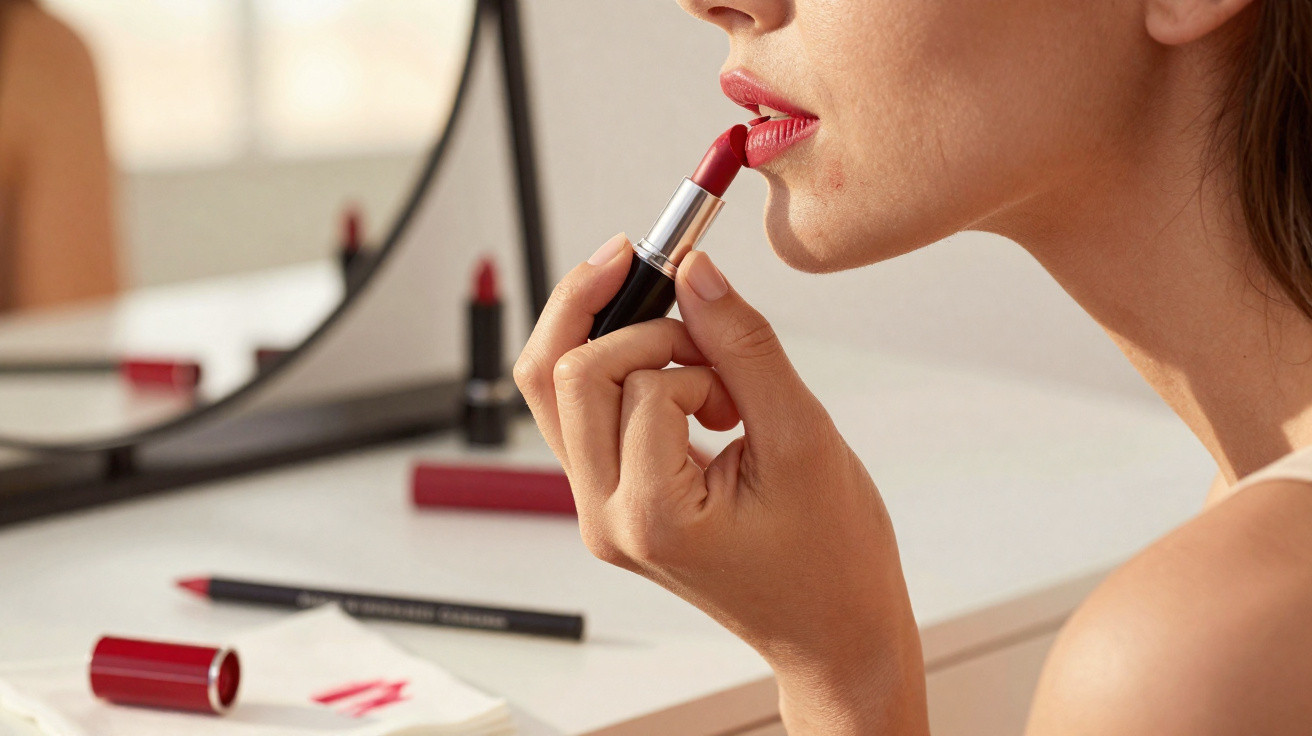 Close-up of a woman applying red lipstick in front of a mirror on a white dressing table.