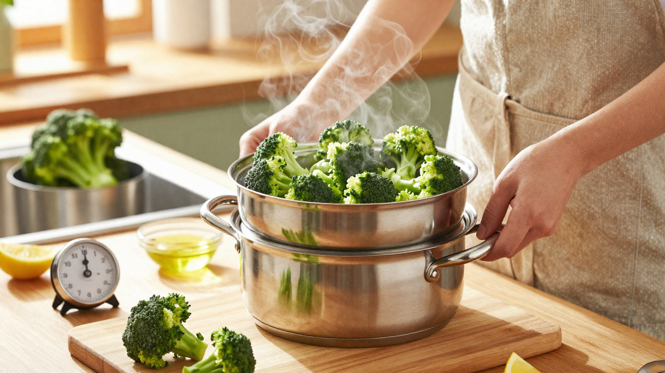 Person steaming fresh broccoli in a stainless steel pot on a wooden kitchen counter with ingredients nearby.