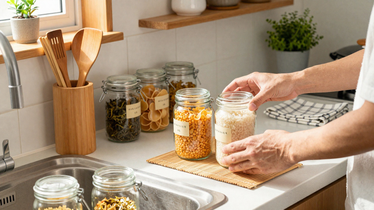 Person placing glass jars with labelled dried foods, wooden utensils holder and plants in a bright kitchen.