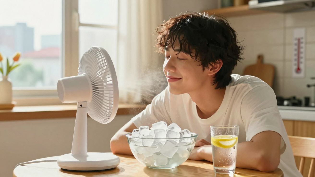 Young man enjoying cool mist from a white fan beside a bowl of ice and a glass of lemon water.
