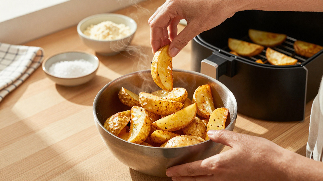 Steaming hot seasoned potato wedges being taken from a bowl with an air fryer in the background.