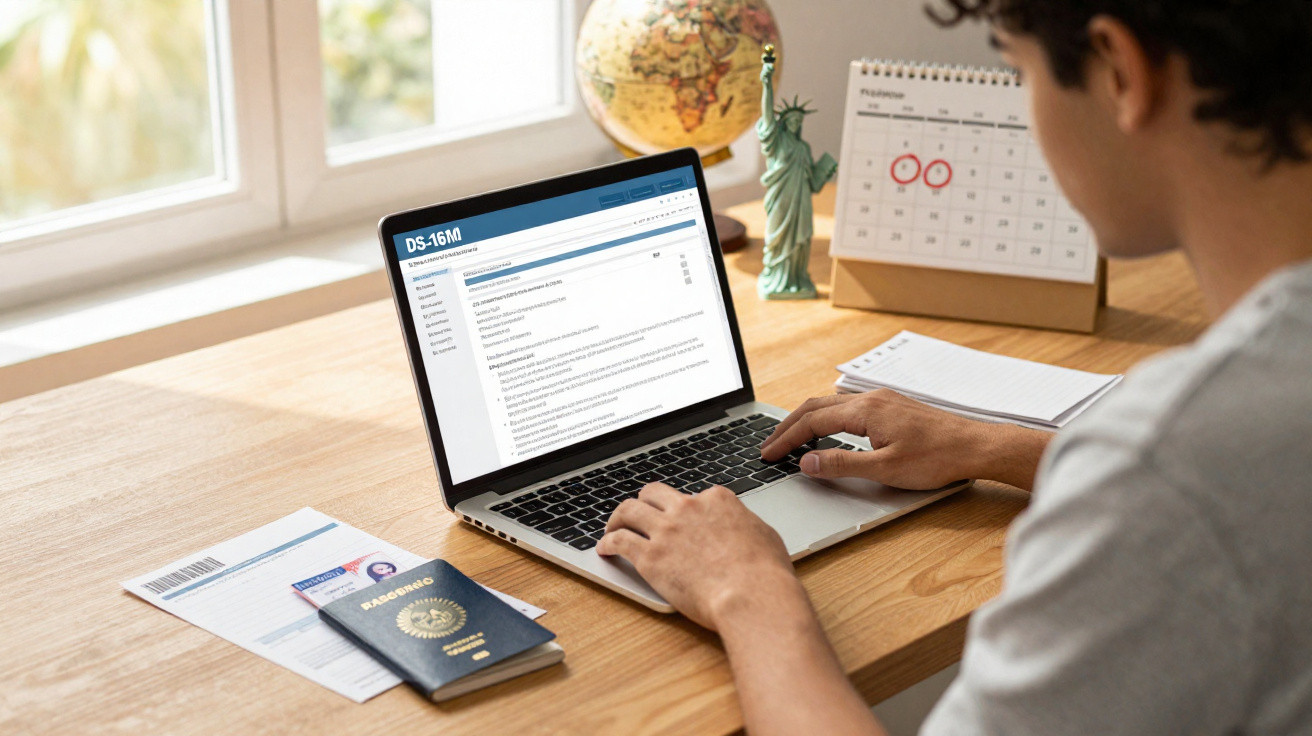 Person completing a DS-160 visa application form on a laptop at a desk with passport and calendar.