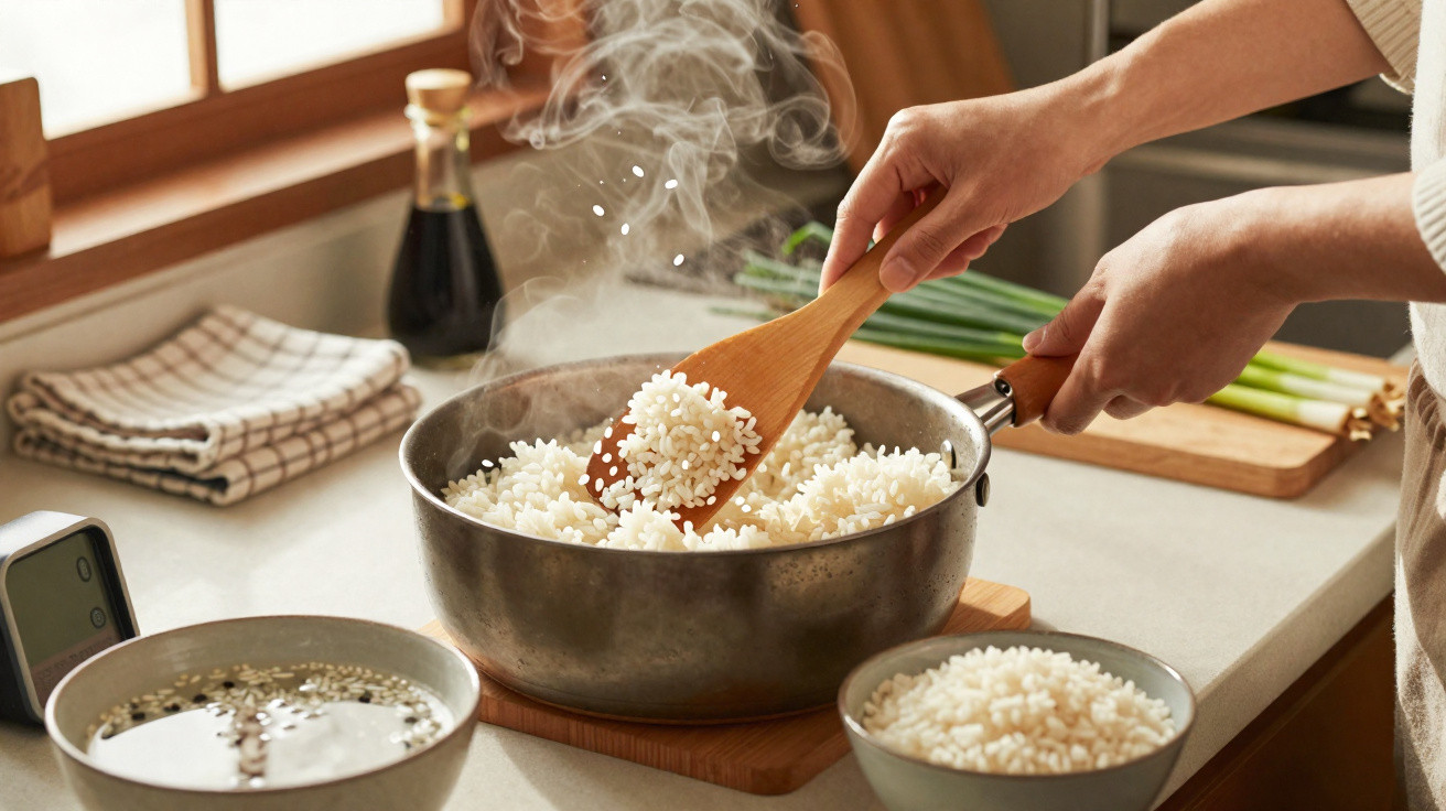 Hands stir steaming cooked rice with a wooden spatula in a metal bowl on a kitchen counter.