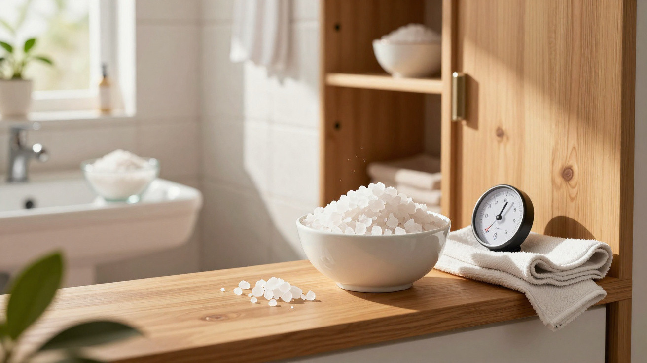 White bath salts in a bowl on a wooden shelf next to a towel and a round thermometer in a bright bathroom.