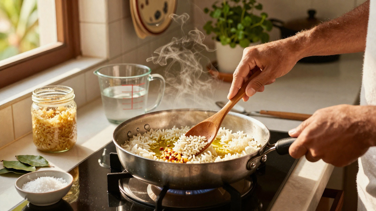 Person stirring puffed rice and spices in a steaming pan on a gas stove in a bright kitchen.