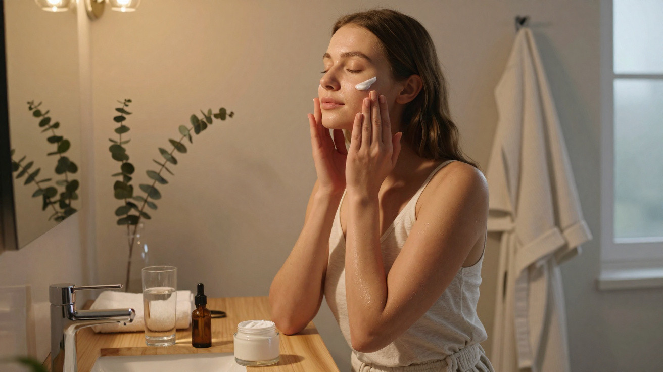 Young woman applying facial cream in a softly lit bathroom beside a wooden countertop with skincare products.