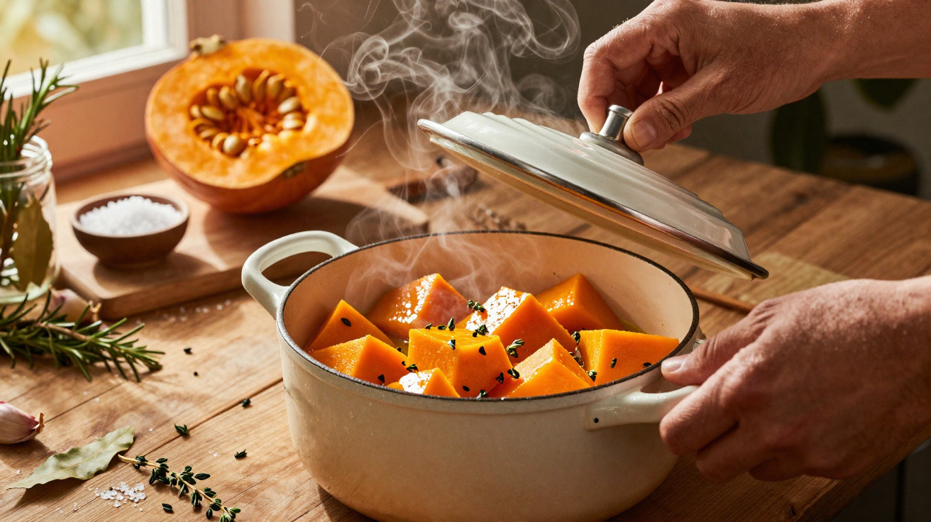 Steaming chunks of pumpkin and herbs in a pot, with a person lifting the lid on a wooden kitchen table.