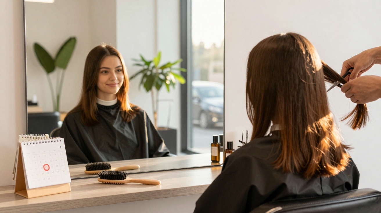 Woman with medium-length brown hair getting a haircut at a salon, looking at her reflection in the mirror.