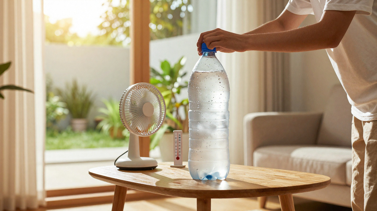 Person’s hand closing a large water bottle on a wooden table with a small fan and thermometer indoors.