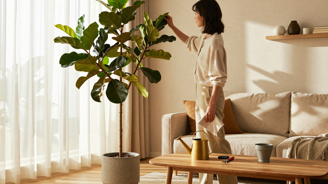 Woman tending to a large indoor plant in a sunlit living room with modern decor and wooden furniture.