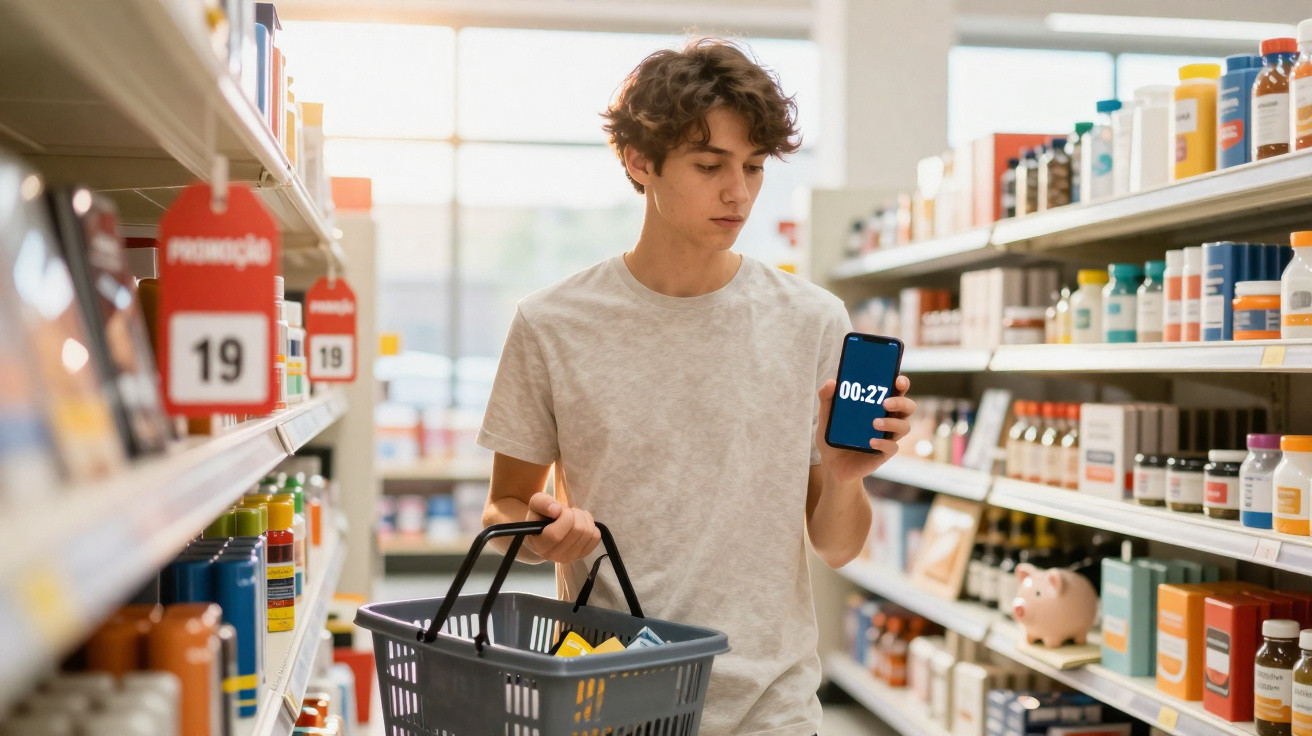 Young man with shopping basket in health store aisle checking timer on smartphone.