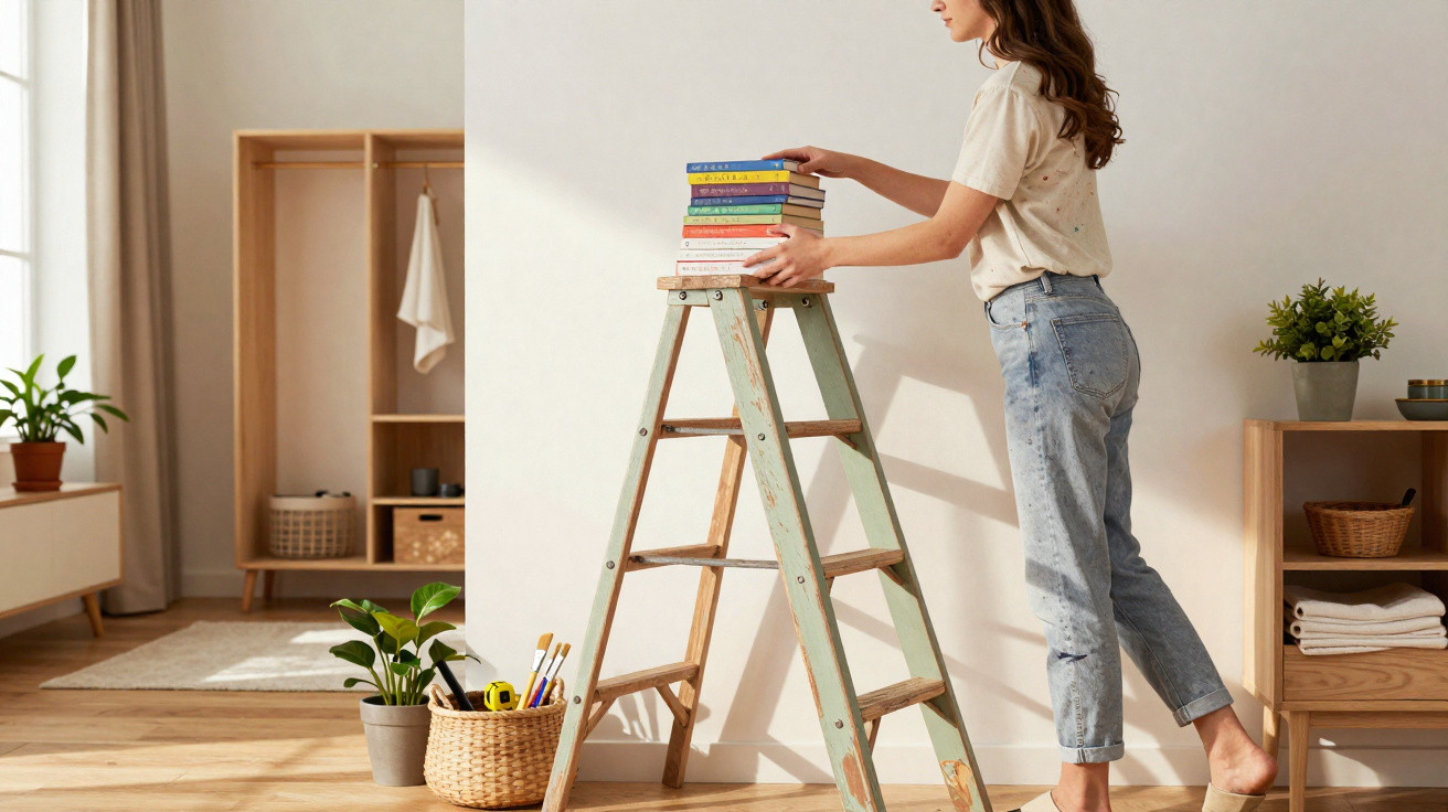 Woman stacking books on a wooden step ladder in a bright, organised living room.
