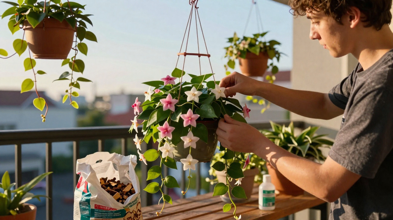 Young man tending to hanging plant with pink and white flowers on a balcony during daylight.