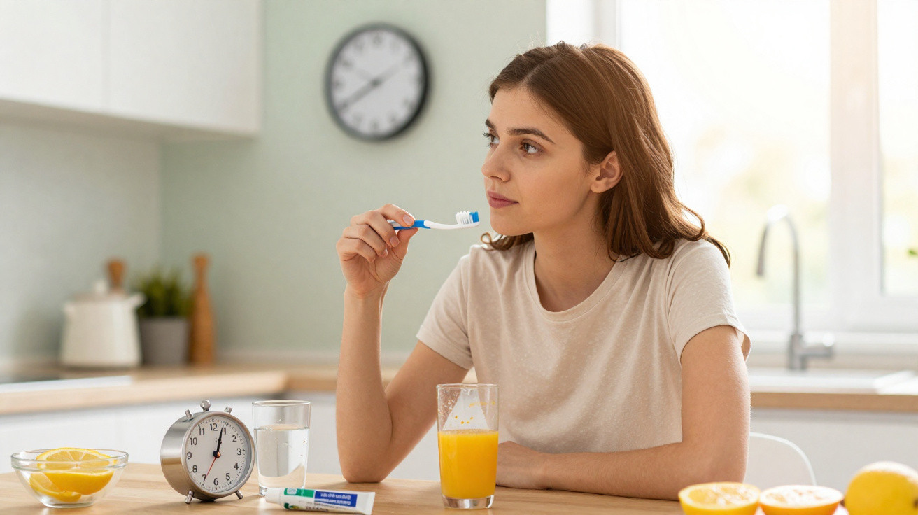 Young woman sitting at kitchen table holding a toothbrush with toothpaste, clock, glass of water, and orange juice.