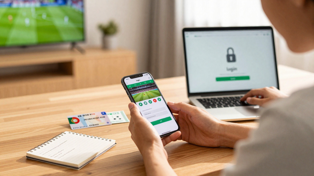 Person holding smartphone showing football match betting app with laptop displaying login screen nearby.