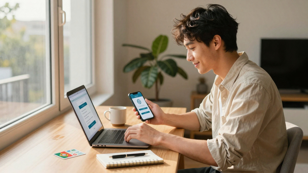 Young man using a smartphone and laptop at a wooden desk by a window in a bright living room.