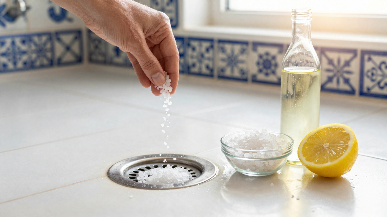 Hand sprinkling coarse salt into a kitchen sink drain with a bowl of salt, lemon half, and bottle nearby.