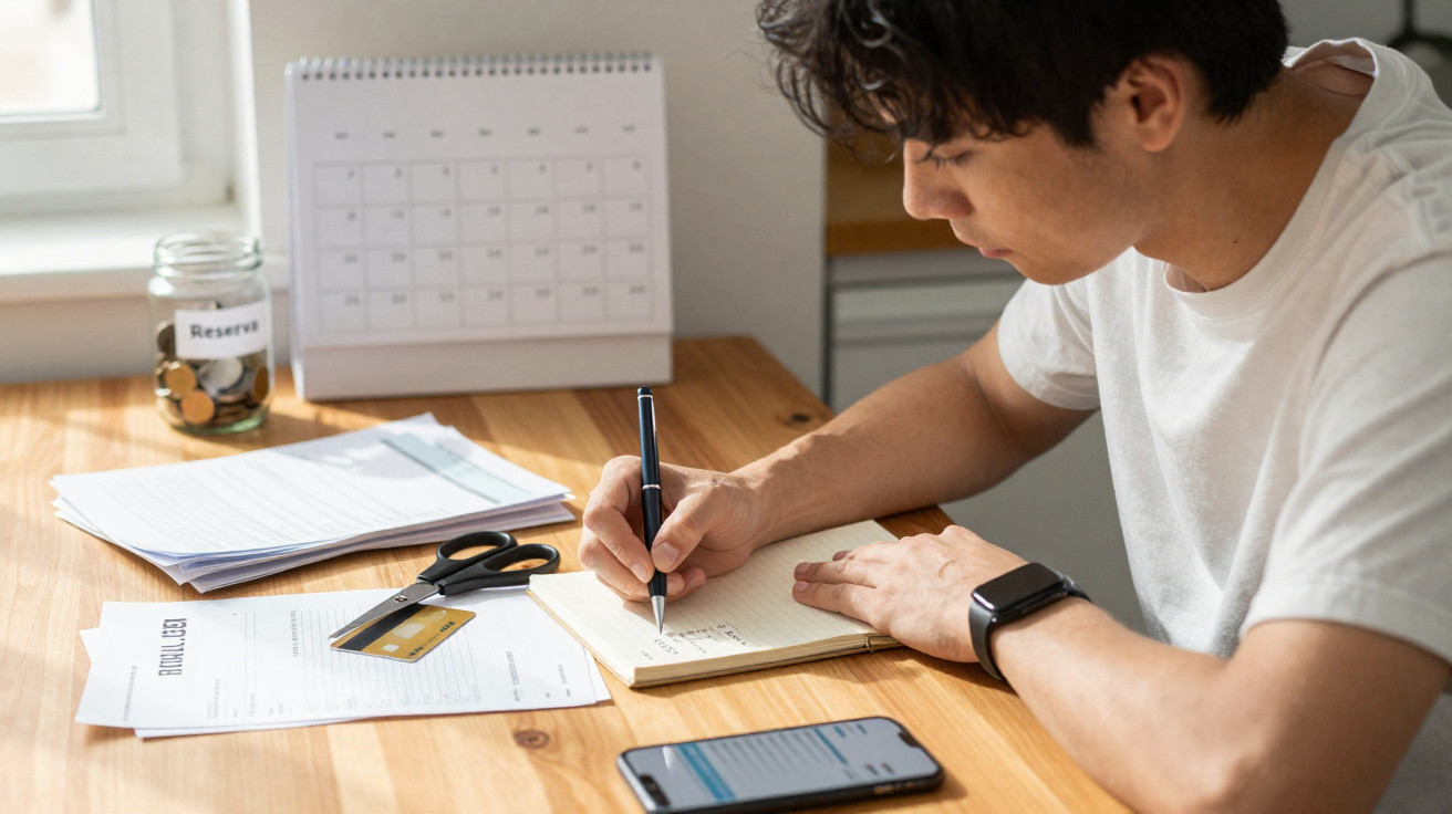 Young man in white t-shirt writing in notebook at wooden desk with bills and phone nearby.