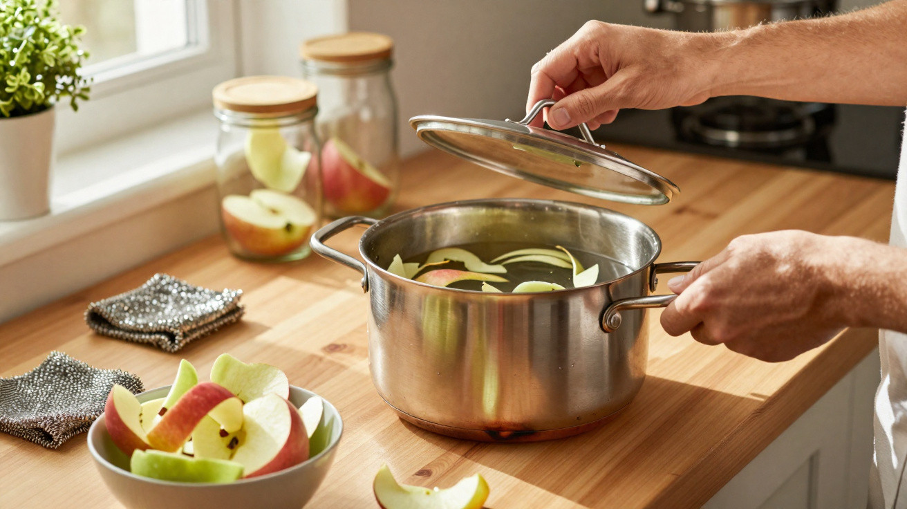 Hands lifting a lid off a pot with apple slices steeping in water on a kitchen counter.