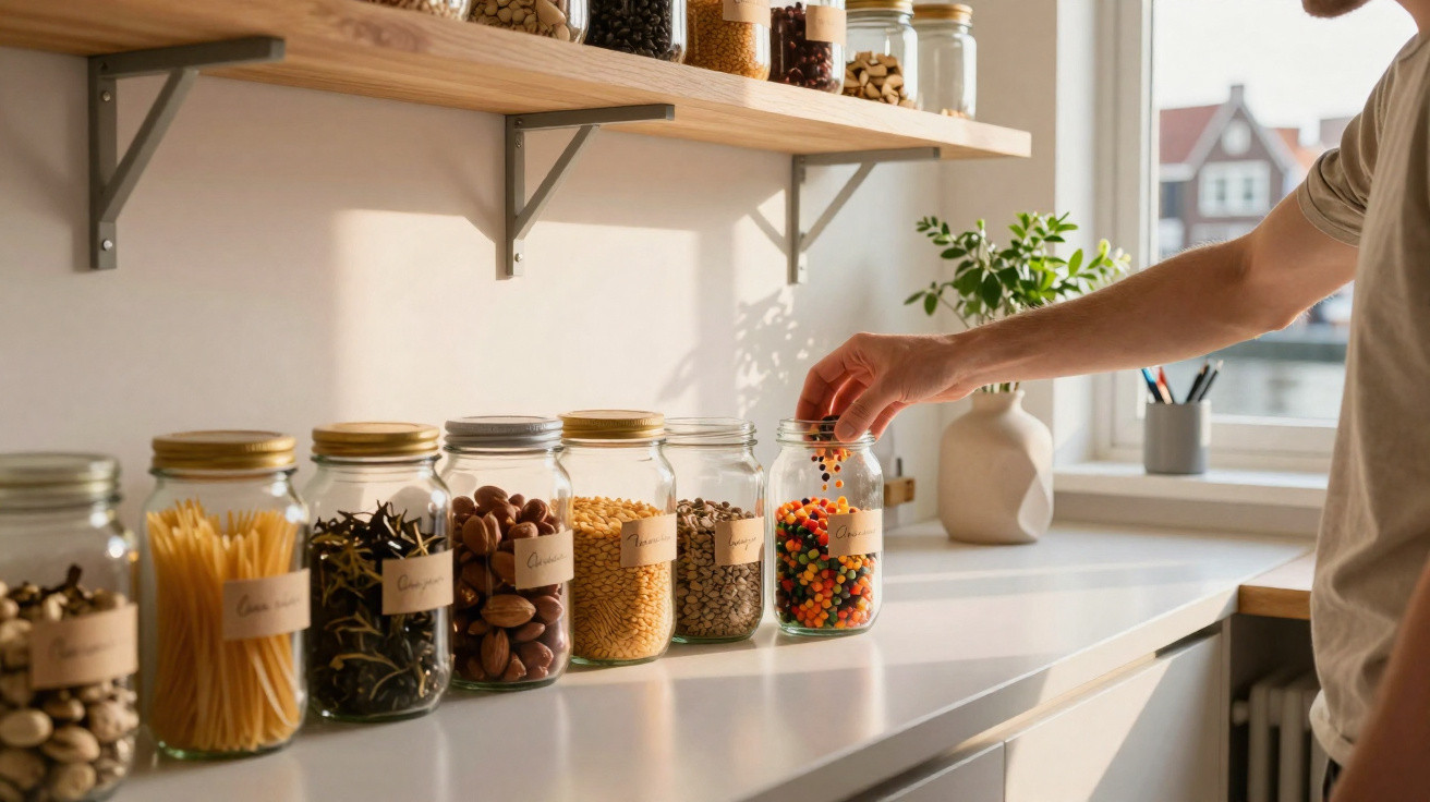 Person reaching for colourful candy in a glass jar on a kitchen counter with jars of food arranged in a row.