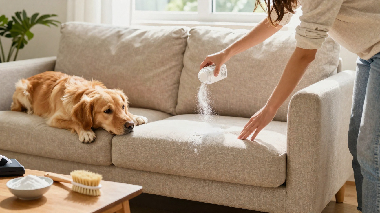Person sprinkling powder on a beige sofa while a golden retriever lies nearby in a bright living room.
