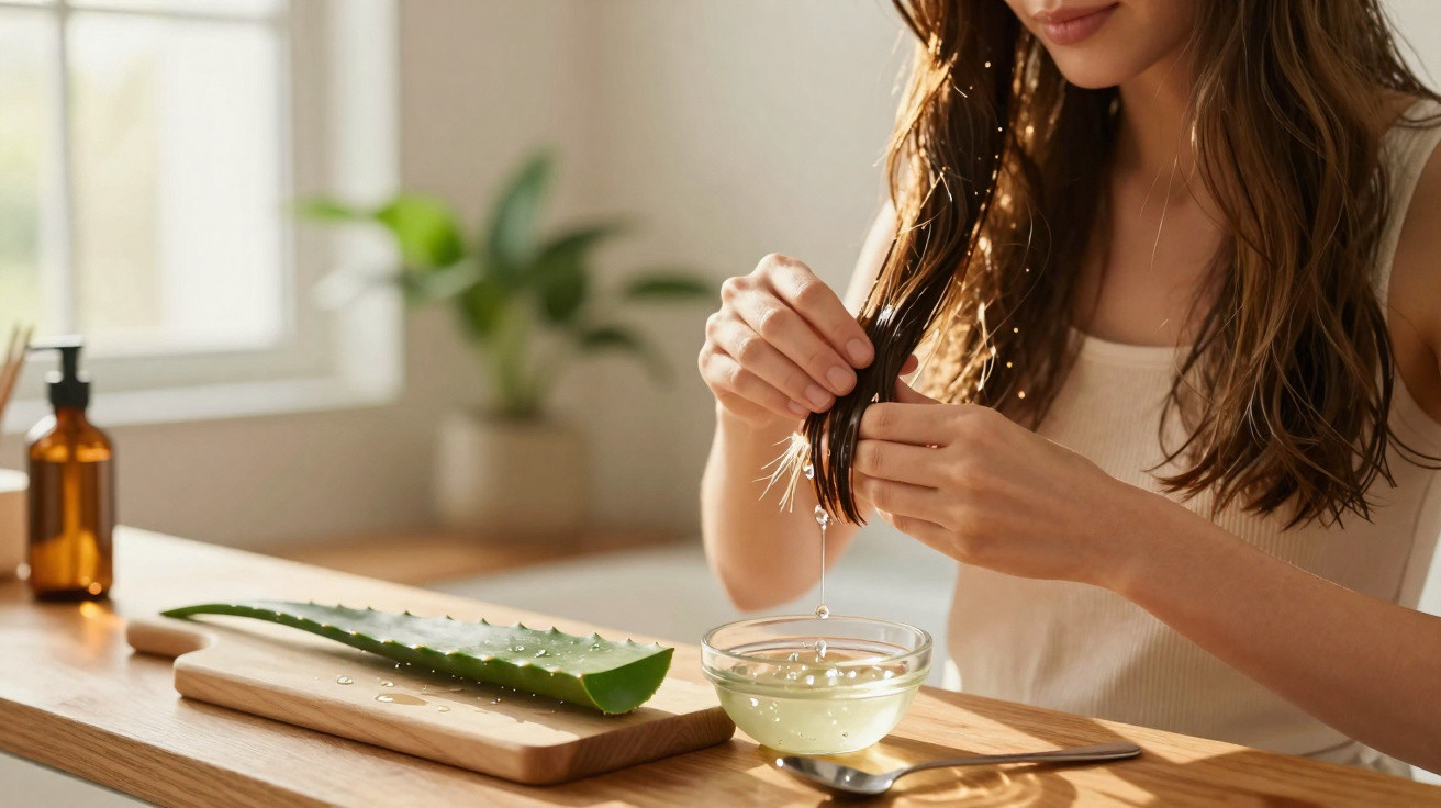 Woman applying aloe vera gel from a bowl to the ends of her long brown hair at a wooden table