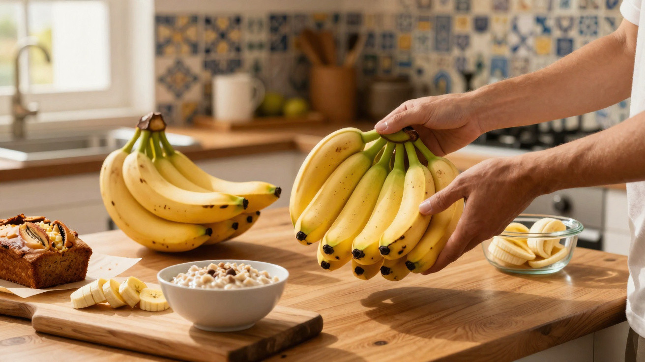 Person holding a bunch of bananas over a wooden kitchen table with sliced bananas, cake, and cereal bowl.