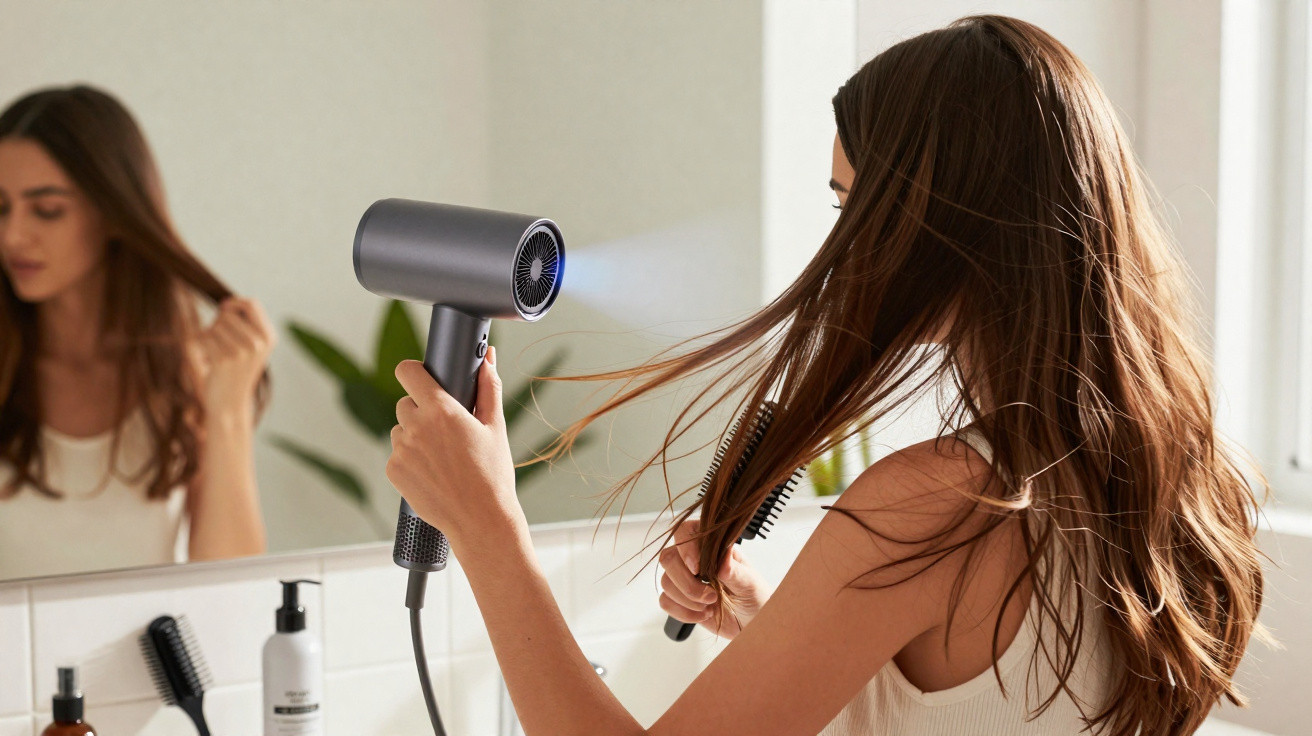 Woman blow-drying her long brown hair while using a hairbrush in front of a bathroom mirror.