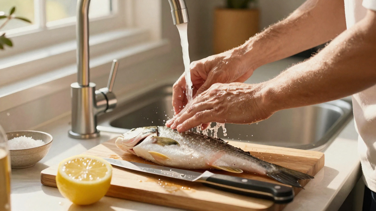 Person rinsing a whole fish under running tap water on a wooden cutting board with lemon and knife nearby.