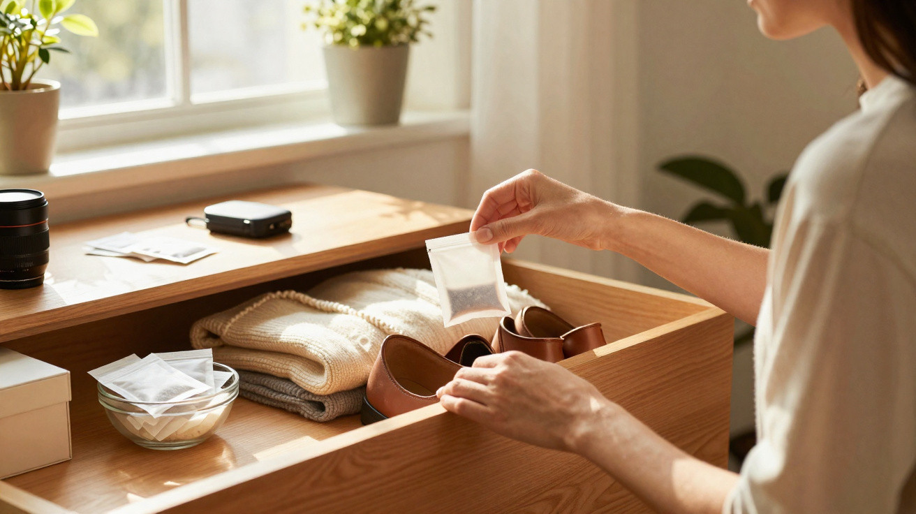 Person placing a small sachet into a drawer with folded clothes and brown shoes near a window with plants.