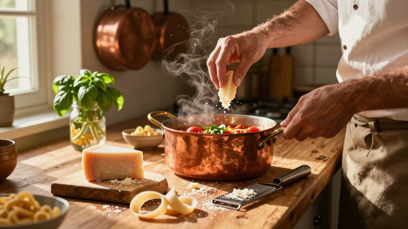 Person sprinkling grated cheese into a steaming copper pot of tomato pasta on a wooden kitchen counter.