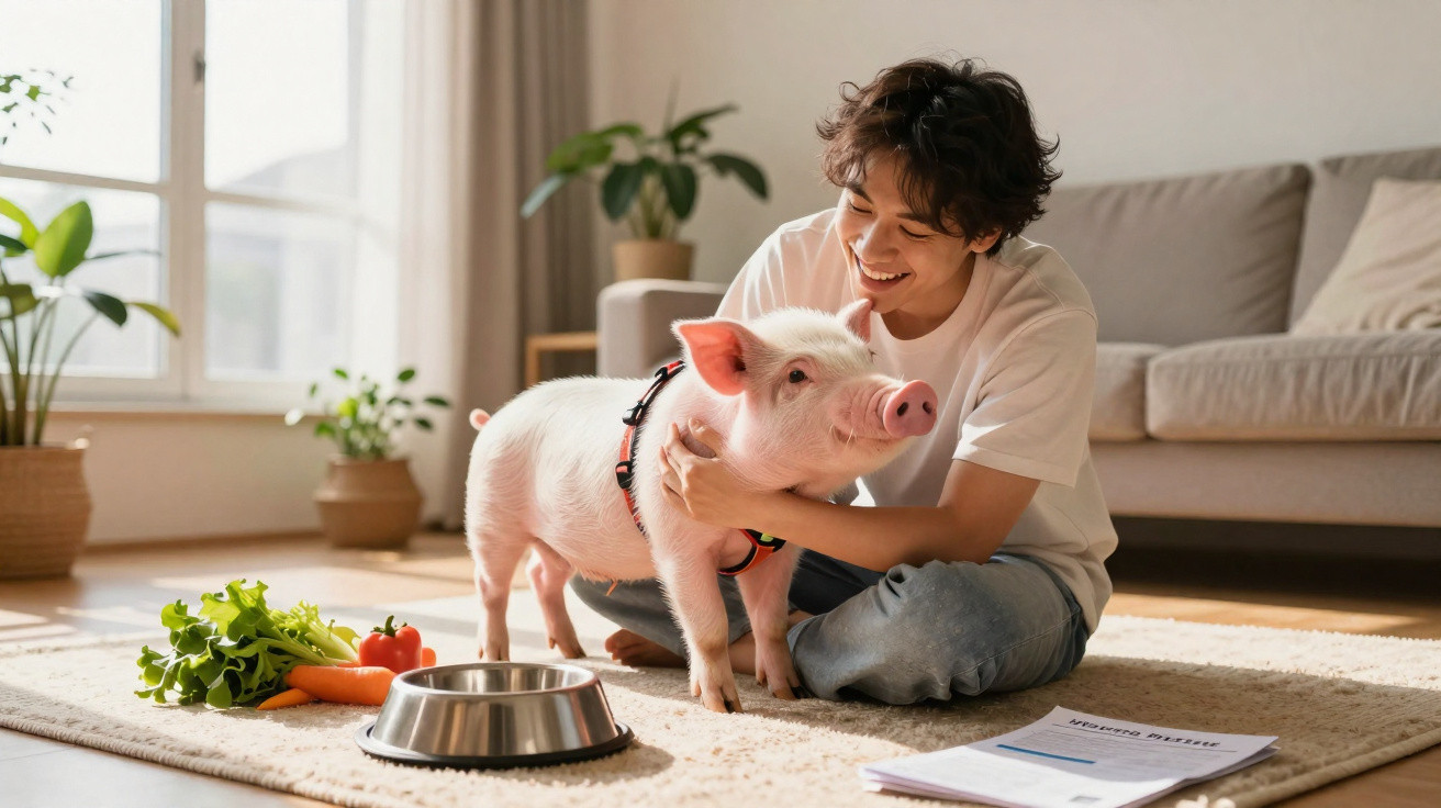 Young person sitting on living room floor smiling and hugging a small pet pig next to a food bowl and vegetables.