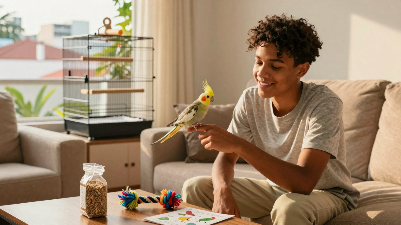 Young man smiling while holding a yellow cockatiel bird indoors with bird cage and toys nearby.