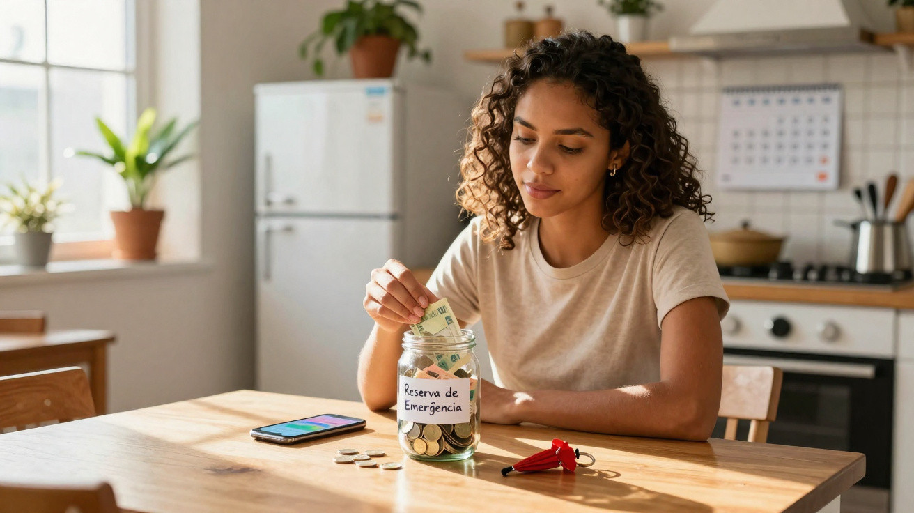 Young woman putting money into an emergency savings jar in a bright kitchen at a wooden table.