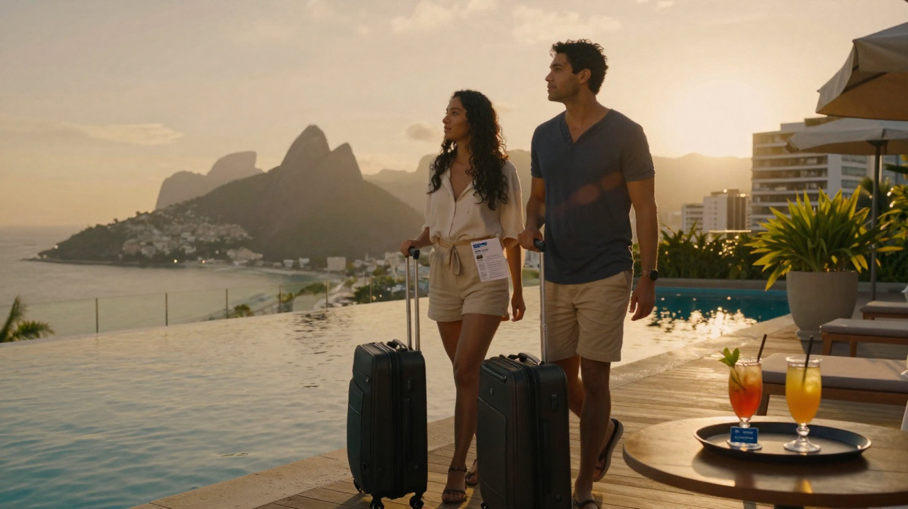 Couple with suitcases walking by infinity pool at sunset with mountain and ocean view in background