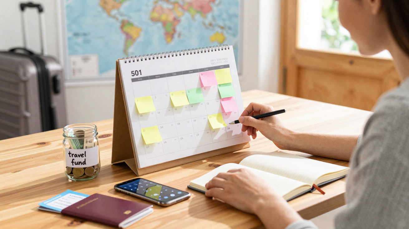 Person planning travel schedule with calendar, travel fund jar, passport, phone, and notebook on wooden table.