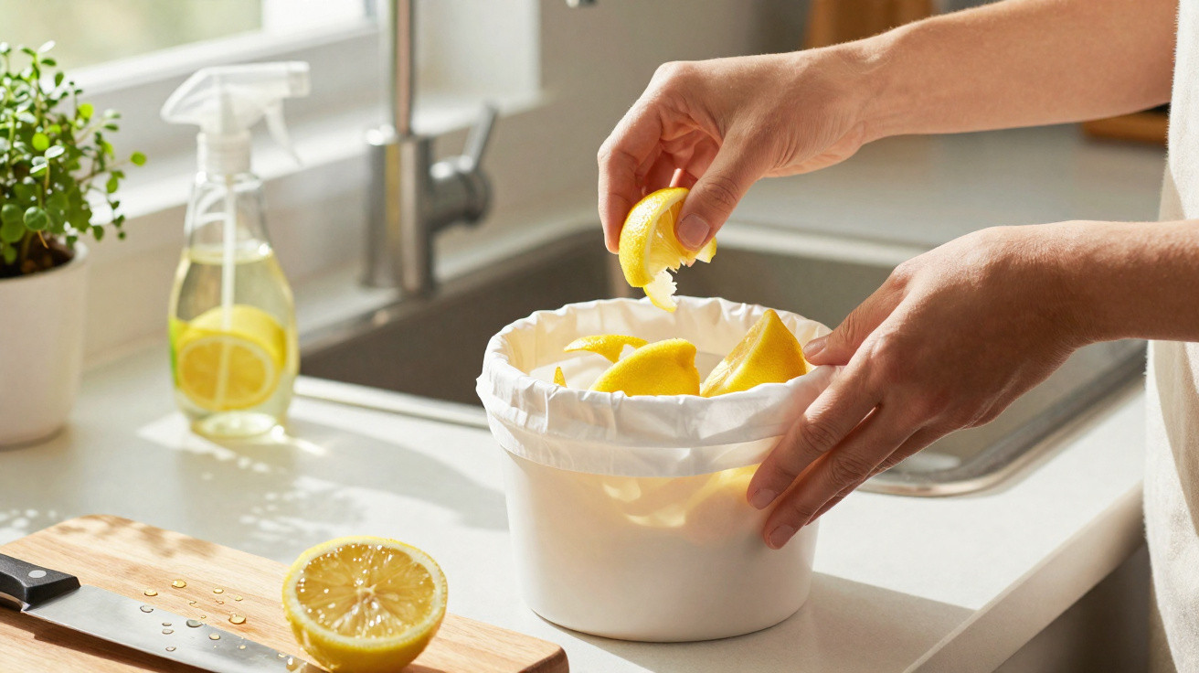 Hands placing lemon wedges into a compost bin on a kitchen counter beside a lemon and spray bottle.